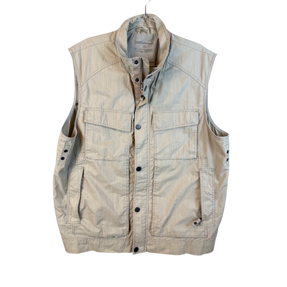 Eddie Bauer Sport Mens XL Khaki Tan Ripstop Utility Fishing Travel Vest Vented